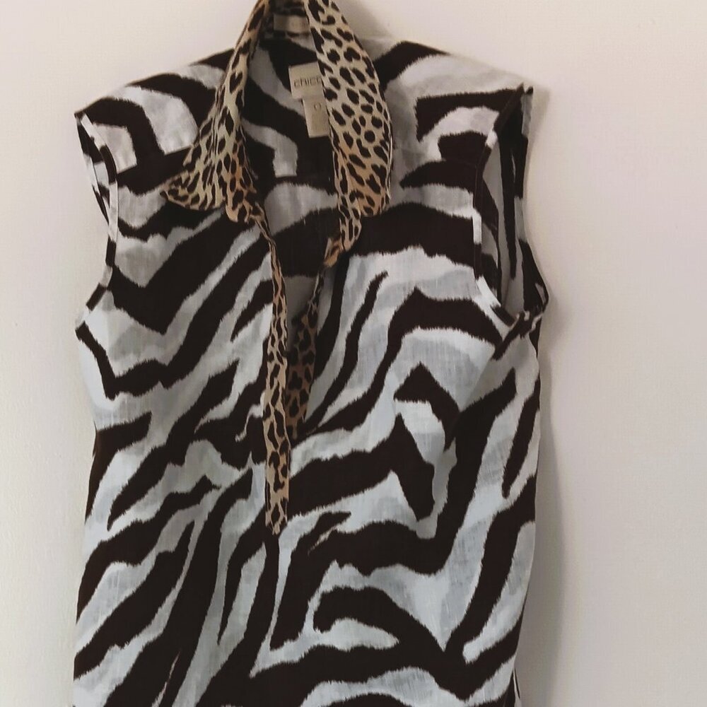 NEW! CHICO'S LINEN ANIMAL PRINT LONG  TOP W/ CRISS-CROSS ASYMMETRIC HEM